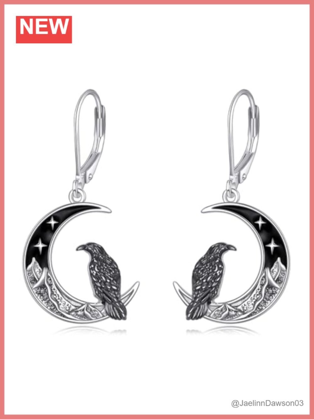 925 Sterling Silver Raven Crow Earrings Crescent Moon Drop Dangle Witchy